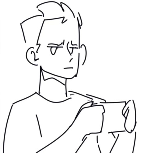 cartoon line drawing of Nathaniel drinking coffee